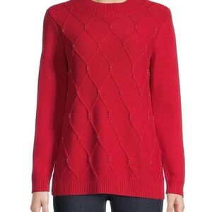 Red Karen Scott women's diamond cable-knit sweater w bead embellishments Small